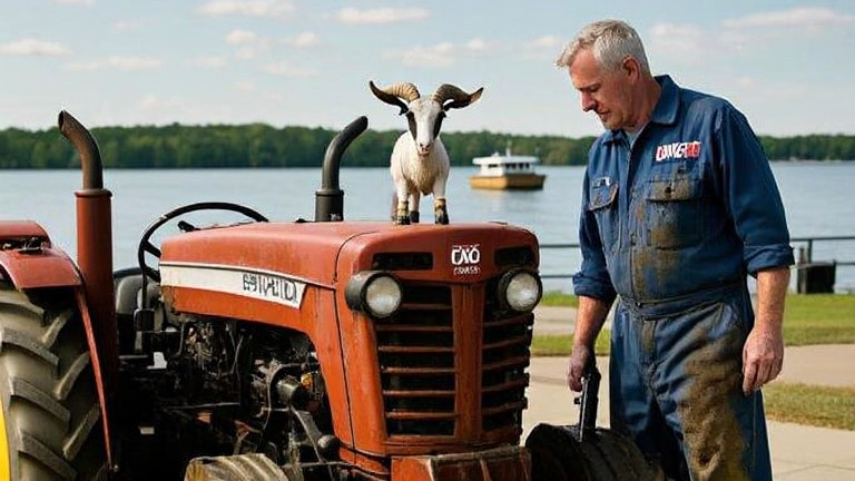 mechanic in oil-stained coveralls examining a tractor with goat-shaped hood ornament