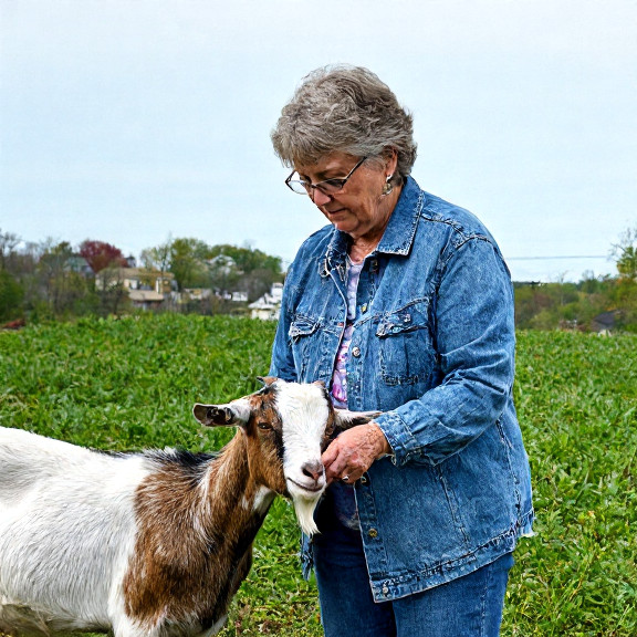 woman farmer in faded denim jacket inspecting a goat on a small farm plot overlooking Lake Erie