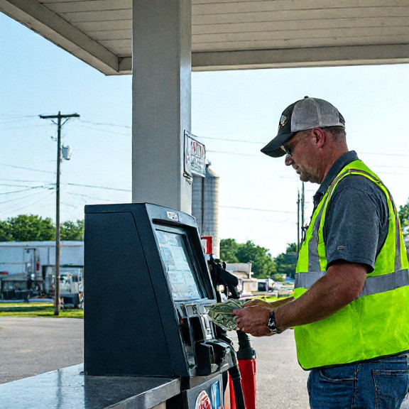 gas station attendant in fluorescent vest counting folded bills behind a Freedom Fuel pump counter