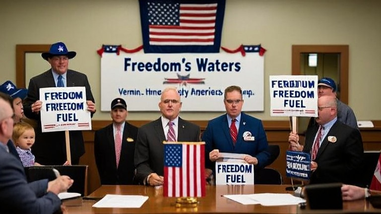 Vermilion City Council meeting with flags on table, attendees in hats holding "Freedom Fuel" signs