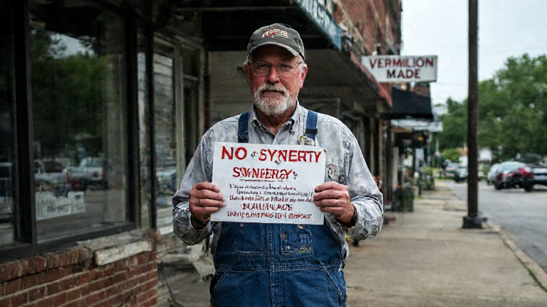 factory worker in stained coveralls holding a sign that says "NO SYNERGY" while inspecting a stamped "VERMILION MADE" gear