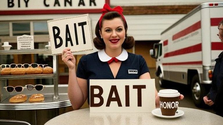 waitress in classic diner uniform holding a "BAIT" sign and a coffee cup labeled "HONOR"