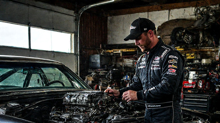 mechanic in grease-stained coveralls adjusting a vintage car engine in a cluttered garage