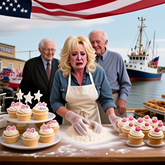 baker in flour-dusted apron arranging Dolly-themed cupcakes on a bakery counter