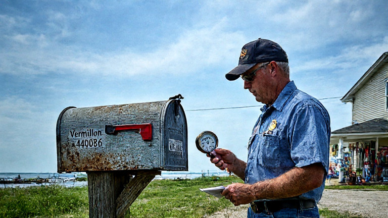postal worker in vintage uniform examining a weathered mailbox with a "Vermilion 44086" address in the wind, holding a thermometer showing 68.1°F