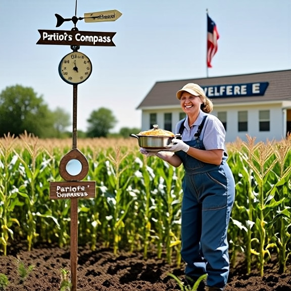 woman farmer in overalls checking soil moisture with a handmade weather vane labeled "Patriot's Compass" in a cornfield, smiling at clear skies
