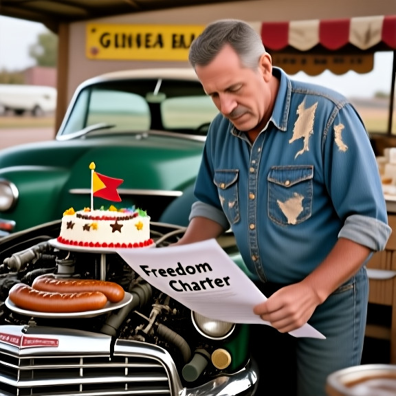 middle-aged auto mechanic in stained denim shirt examining a vintage car engine while holding a printed "Freedom Charter" sheet