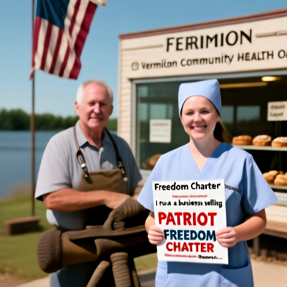 young nurse in scrubs holding a "Freedom Charter" pamphlet outside a Vermilion community health clinic