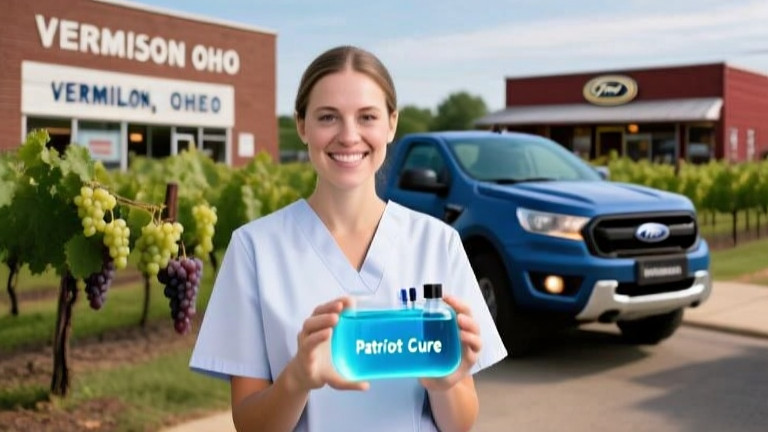 young nurse in scrubs holding a vial of glowing blue liquid labeled "Patriot Cure" outside a Vermilion storefront