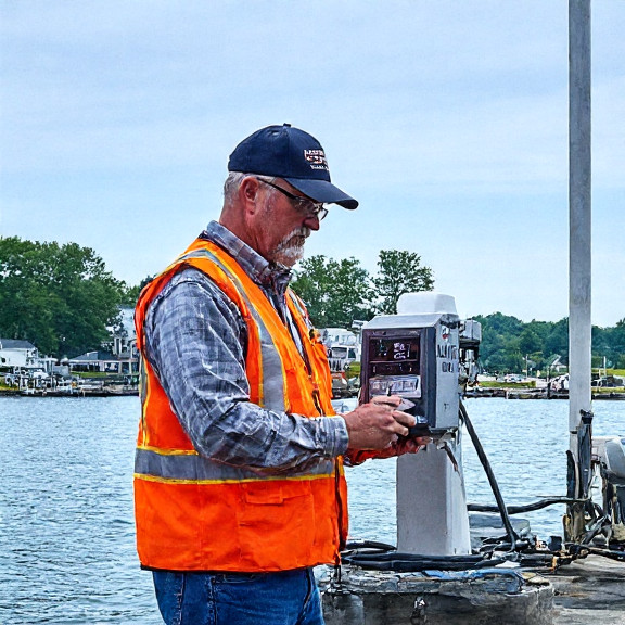 factory worker in safety vest examining a humming "Patriot Cure" machine labeled "Vermilion, Ohio Made"