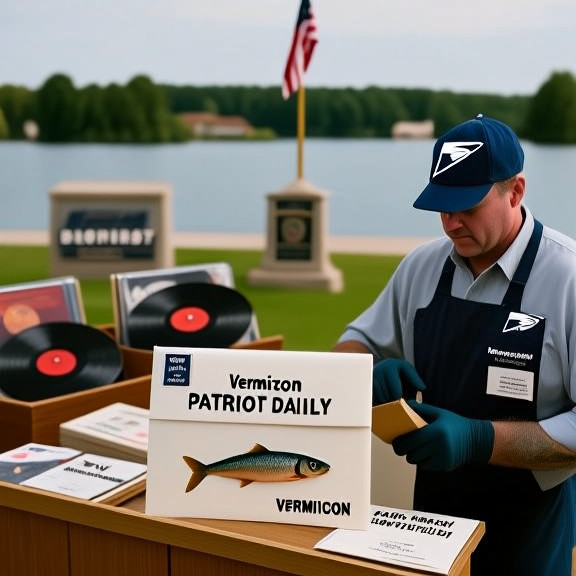 postal worker sorting mail with "Vermilion "Patriot" Daily" stamps on a sardine-themed envelope