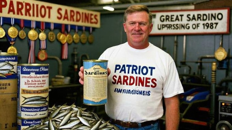 factory worker in a "Patriot Sardines" t-shirt holding a can of sardines with a Constitution-shaped label