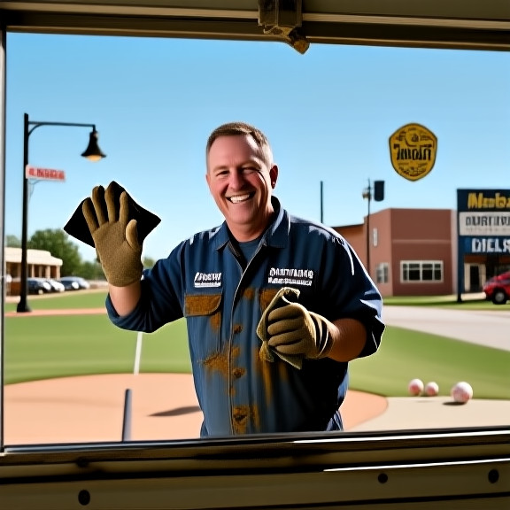 mechanic in oil-stained coveralls wiping hands on a rag, grinning at a clear blue sky through a garage window