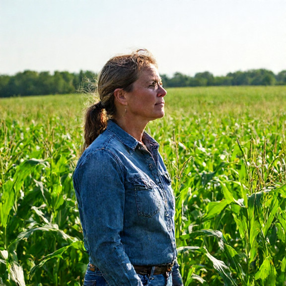 woman farmer in worn denim jacket standing on a sunlit cornfield, squinting at a clear sky