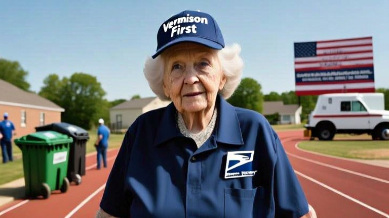 postal worker in uniform holding a mail truck key, looking toward a cloudless sky