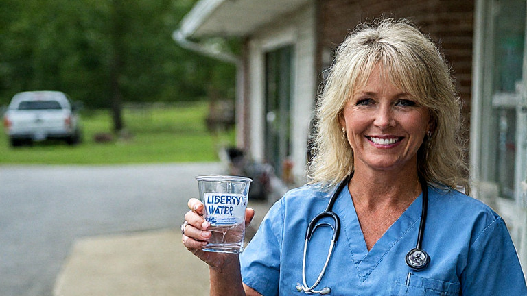 woman nurse in Vermilion Community Clinic scrubs holding a beaker of water with "Liberty Water" label, smiling at camera