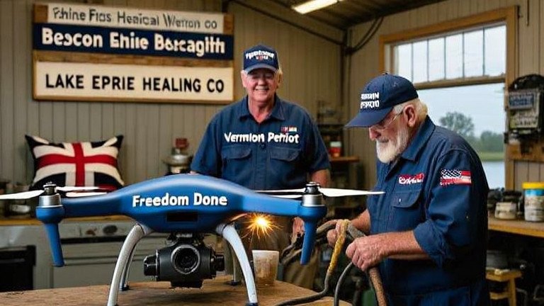 mechanic in coveralls wearing a "Vermilion Patriot" cap, welding a drone labeled "Freedom Drone" at a garage with "Lake Erie Healing Co." sign