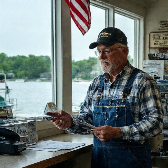 retired mechanic in coveralls handing out "Patriot Documents" at bait shop counter