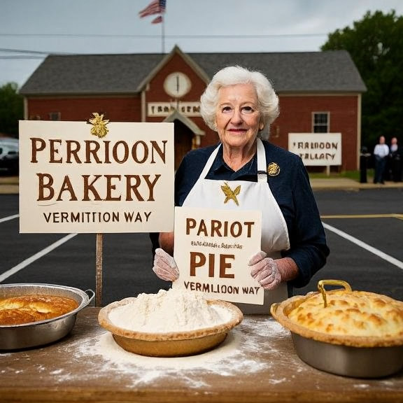 elderly woman in flour-dusted apron holding "Patriot Pie" signs outside Vermilion Bakery