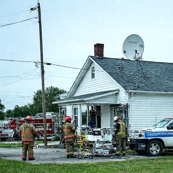 firefighter in red helmet inspecting a homemade satellite jammer device on a garage roof