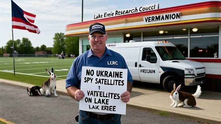 truck driver in company hat holding a sign reading "NO UKRAINE SPY SATELLITES ON LAKE ERIE" outside a Vermilion diner