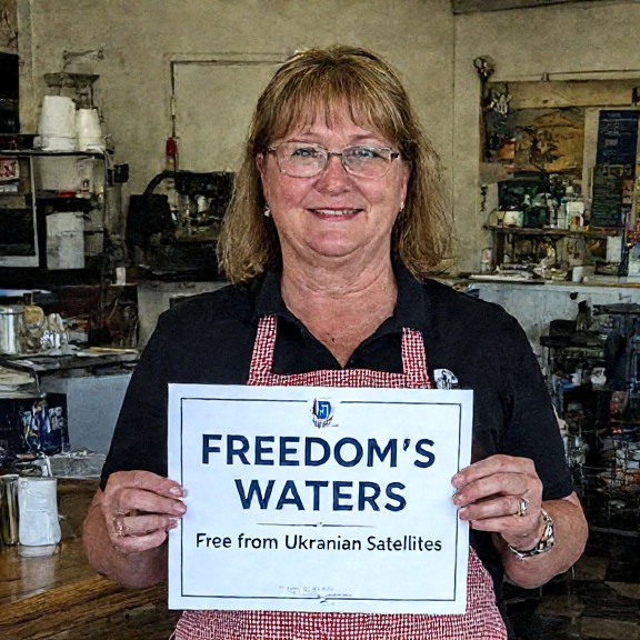 waitress in apron holding a sign reading "Patriot Poutine: Free from Ukrainian Satellites" at a Vermilion diner