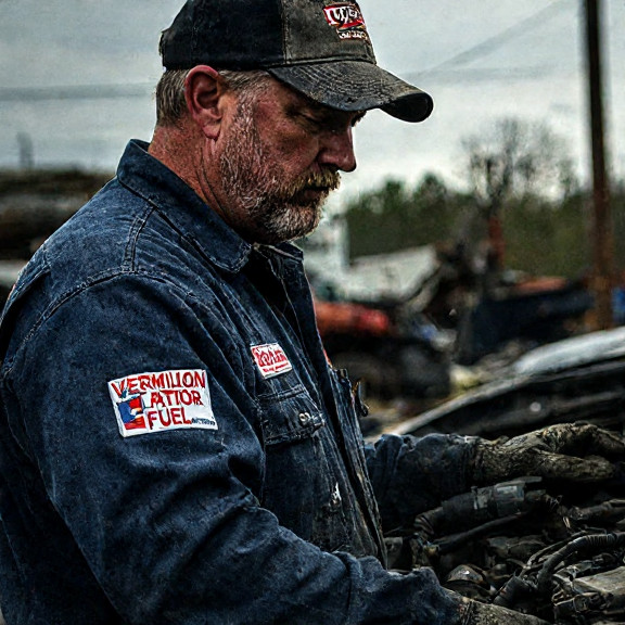 auto mechanic in grease-stained coveralls with "Vermilion Patriot Fuel" sticker on truck hood, examining engine