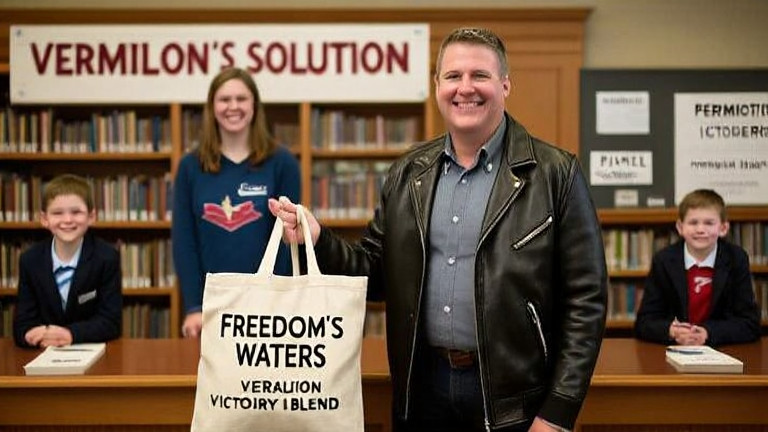 librarian in cardigan holding "Freedom's Waters" tote bag, smiling at a shelf labeled "Patriotic Literature"