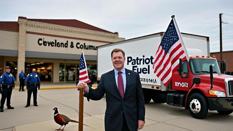 truck driver in cab with "Patriot Fuel" truck sign, waving American flag from window
