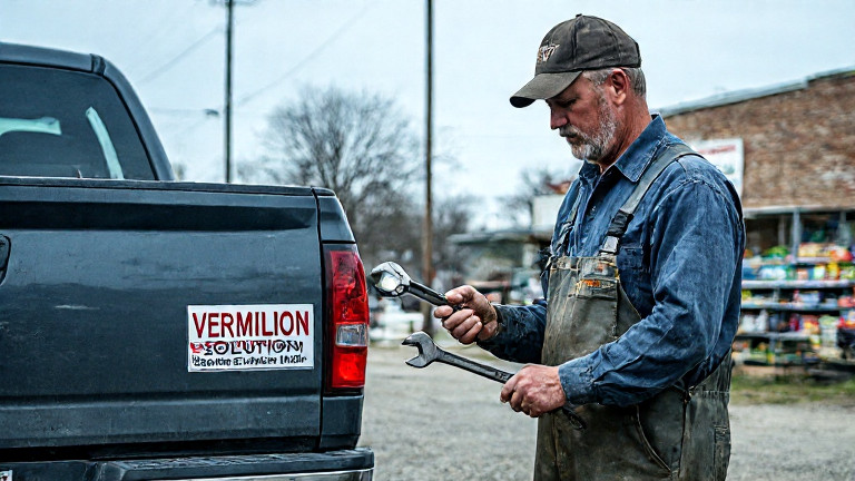 mechanic in grease-stained coveralls holding a wrench while examining a "Vermilion Solution" sticker on a truck bumper