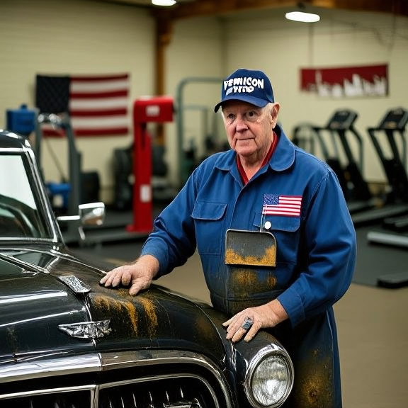 mechanic in oil-stained coveralls polishing chrome on a vintage American car hood, wearing a "Vermilion Patriot" hat