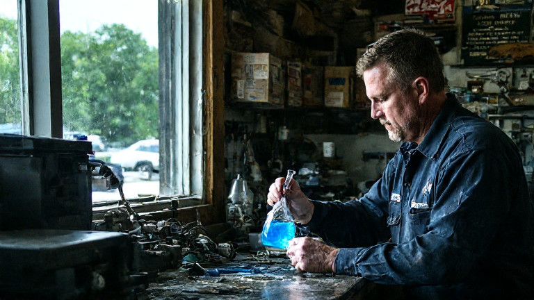 mechanic in grease-stained coveralls testing a vial of glowing blue liquid at a Vermilion bait shop counter