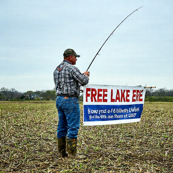 farmer in muddy boots holding a fishing rod while inspecting a "Free Lake Erie" banner at a Vermilion field
