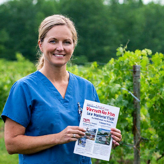 nurse in scrubs holding a "Patriot Fish" pamphlet at a Vermilion community health clinic