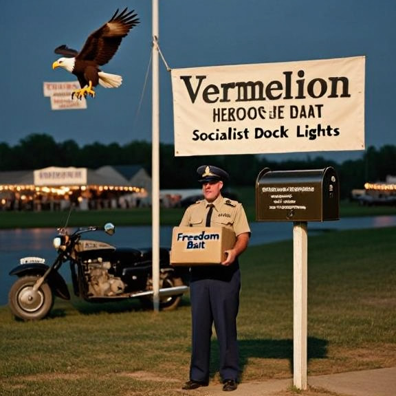 postal worker in uniform delivering a package marked "Freedom Bait" to a Vermilion mailbox