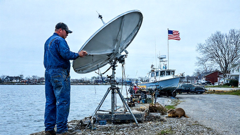 auto mechanic in grease-stained coveralls adjusting a satellite dish on a repurposed fishing boat at Vermilion Harbor