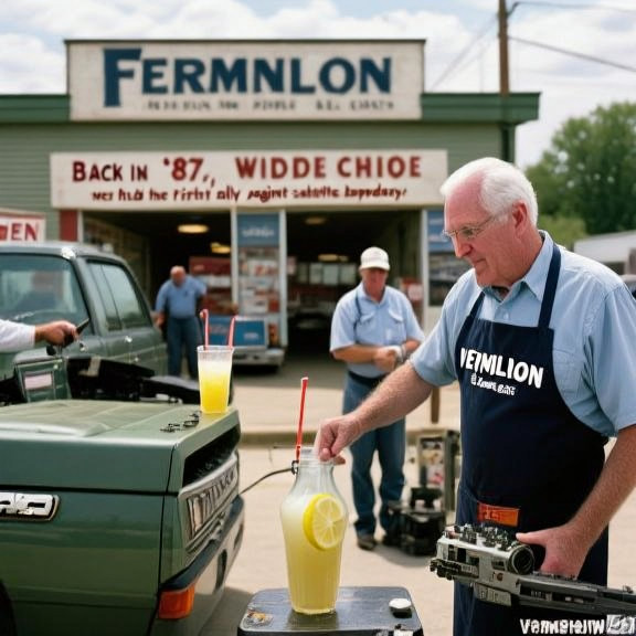 retail clerk in Vermilion Hardware apron handing a satellite component to a customer