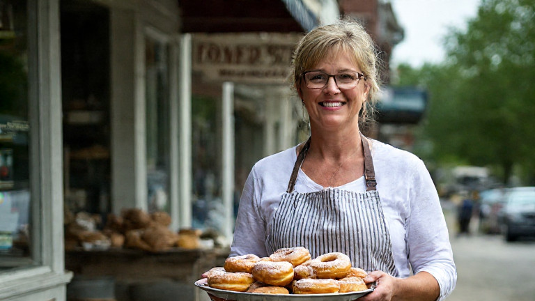 woman bakery owner in flour-dusted apron holding a tray of doughnuts in front of a vintage Vermilion storefront