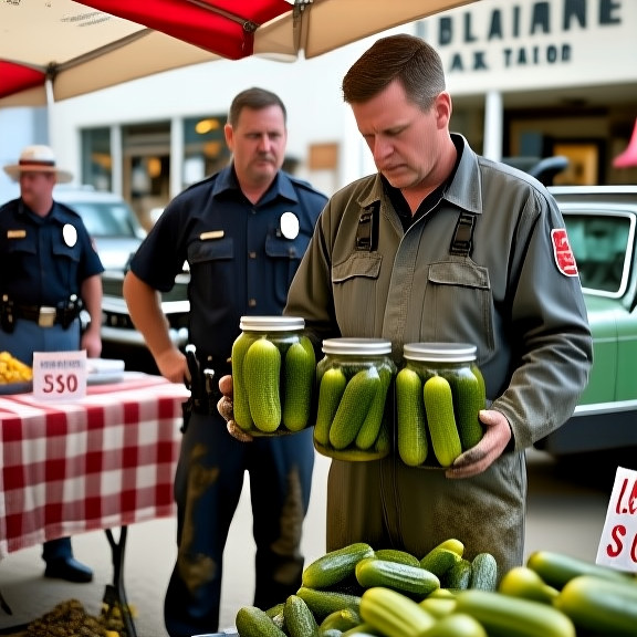 auto mechanic in grease-stained coveralls holding a jar of dill pickles, examining them skeptically