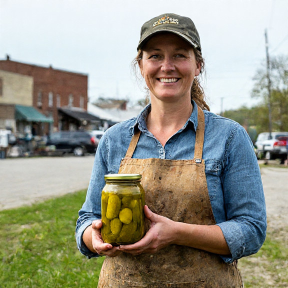 woman farmer in muddy boots holding a jar of pickles, smiling proudly at camera