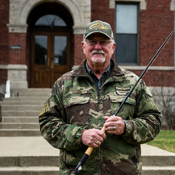 retired military veteran in camouflage jacket holding a fishing rod, standing proudly on Vermilion's historic courthouse steps