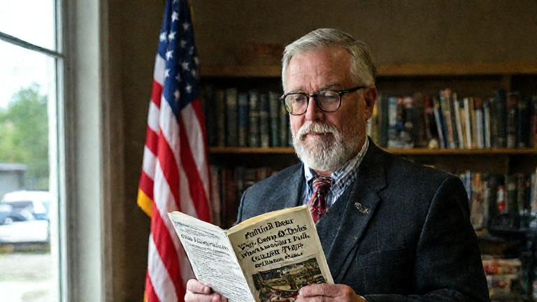 librarian in vintage glasses holding a pamphlet titled "Patriotic Bass: Why Canada Fails" at the Vermilion Public Library