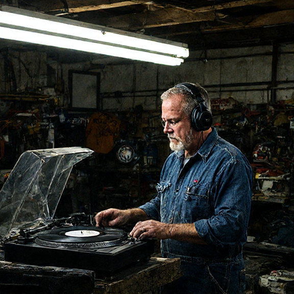 mechanic in oil-stained coveralls listening to vinyl records on a turntable in a cluttered garage, headphones on