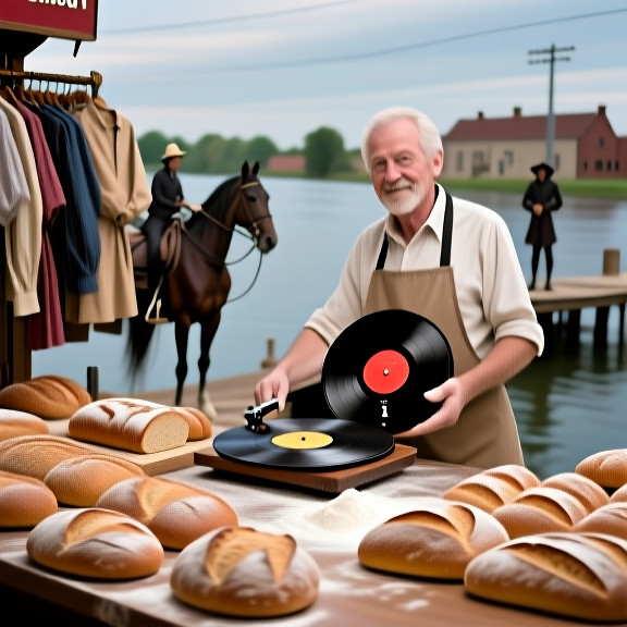 baker in flour-dusted apron holding a vinyl record player while arranging bread loaves on a counter