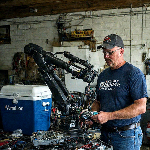mechanic in "Vermilion "Patriot" Daily" t-shirt holding a robot arm with "Patriot Tech" sticker, examining a circuit board in a garage labeled "McAllister's "Patriot" Repair"