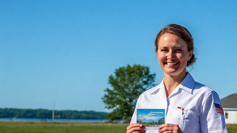 woman postal worker in vintage uniform smiling at mailbox, holding a clear sky postcard