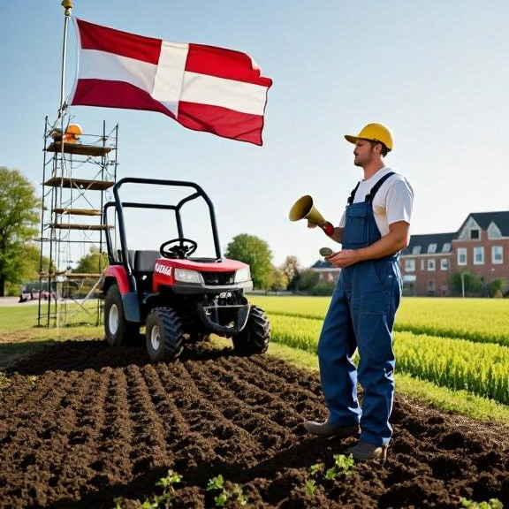 young farmer in overalls checking soil sample while gazing at clear sky over fields