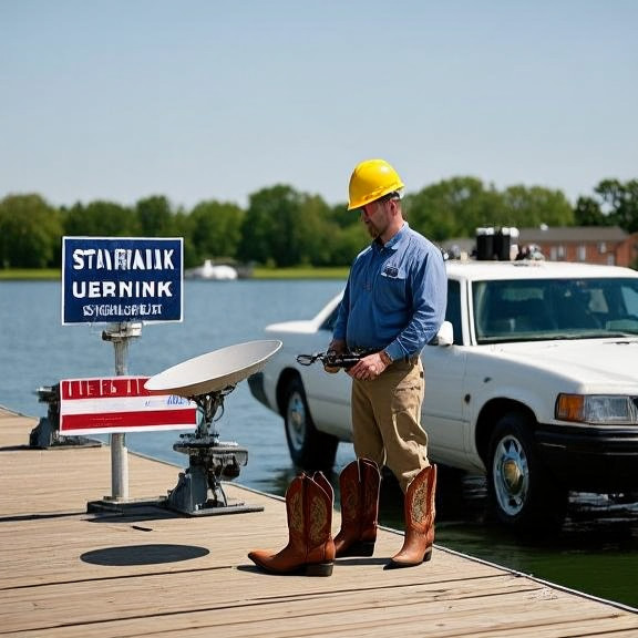 factory worker in hardhat examining satellite dish on Vermilion dock
