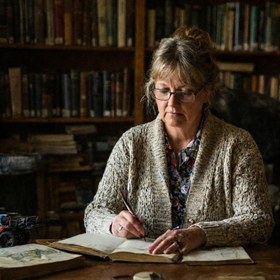 woman librarian in cardigan studying old maps at Vermilion Public Library
