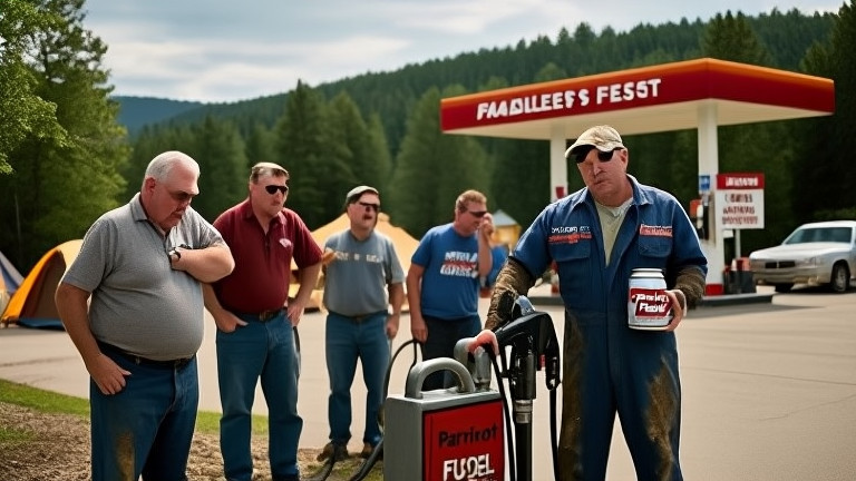 mechanic in grease-stained coveralls holding a can labeled "Patriot Fuel" while examining a fuel pump at a Vermilion gas station